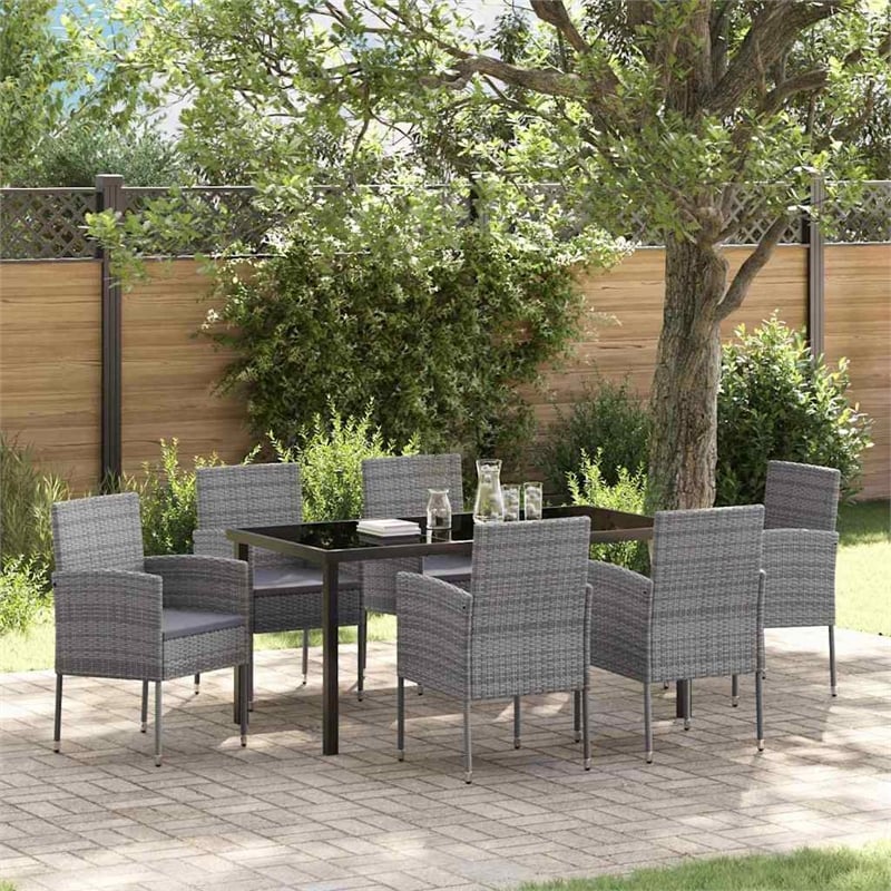 vidaXL Poly Rattan Dining Set with Cushions in Gray