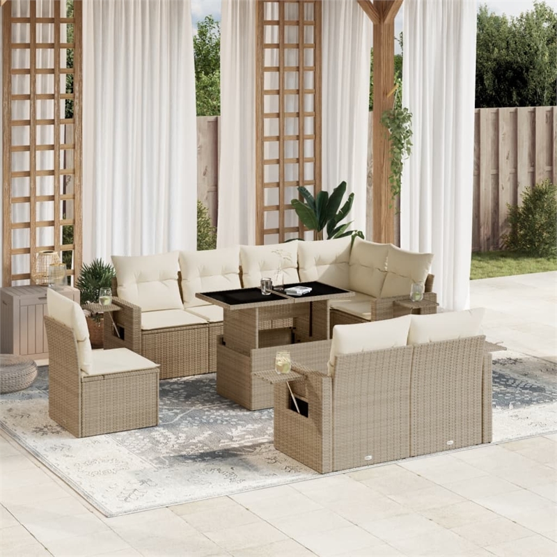 vidaXL 9 Piece Poly Rattan Large Sofa Set in Beige