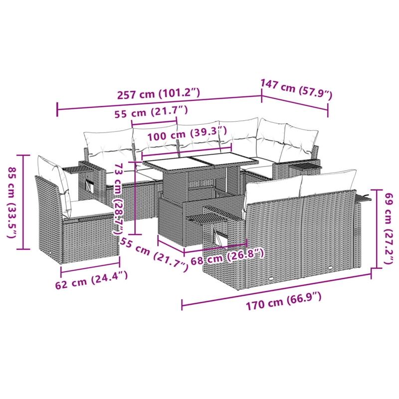 vidaXL 9 Piece Poly Rattan Large Sofa Set in Beige