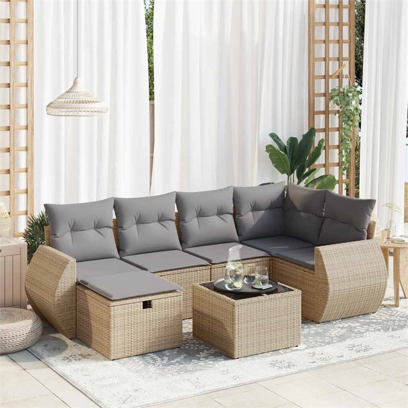vidaXL 7 Piece Poly Rattan Sofa Set in Gray/Beige