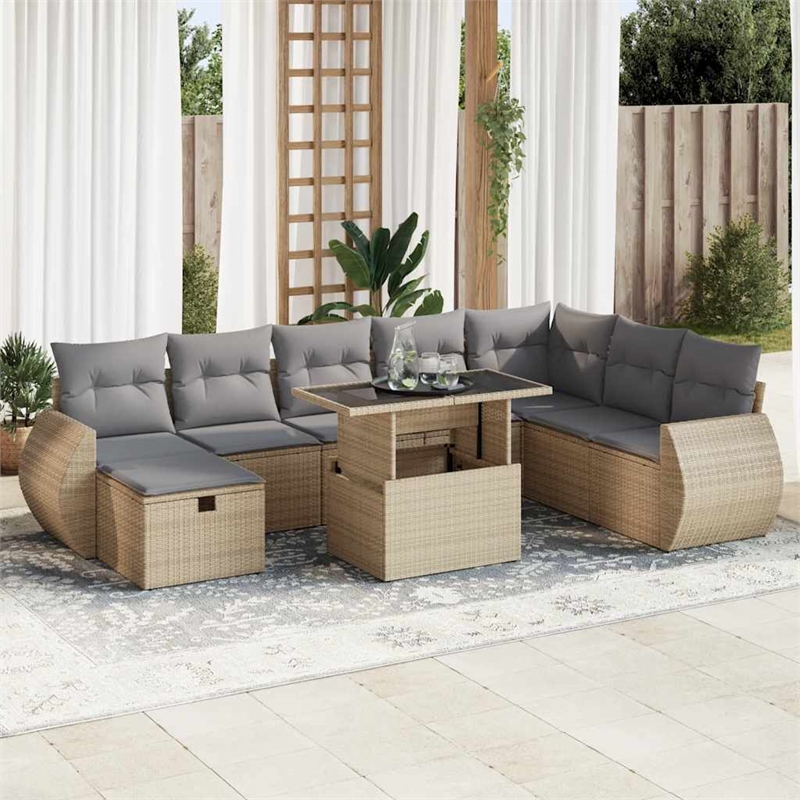 vidaXL 9 Piece Poly Rattan Sofa Set in Beige