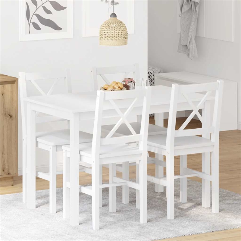 vidaXL 5 Pc Pine Wood Dining Table Set in White