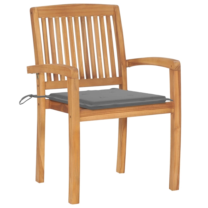 vidaXL 6 pcs Solid Teak Wood Stacking Patio Chairs with Cushions in Gray
