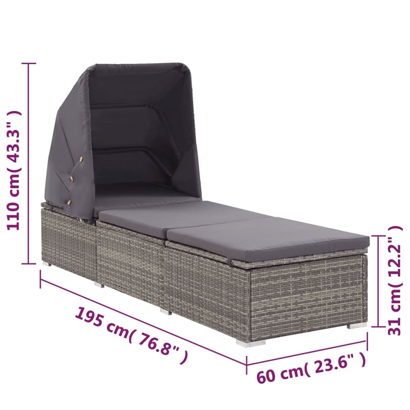vidaXL Rattan Sun Lounger in Dark Gray Cushions