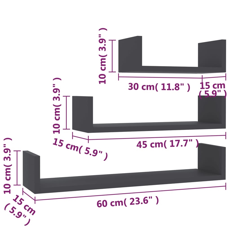 vidaXL Engineered Wood Shelf in Gray (Set of 3)