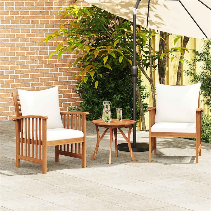 vidaXL Solid Acacia Wood Garden Chair - Natural & Cream White Cushions(Set of 2)