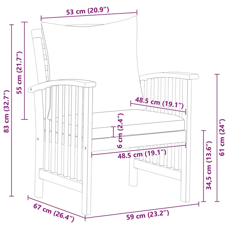 vidaXL Solid Acacia Wood Garden Chair - Natural & Cream White Cushions(Set of 2)