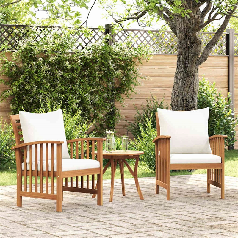 vidaXL Solid Acacia Wood Garden Chair - Natural & Cream White Cushions(Set of 2)