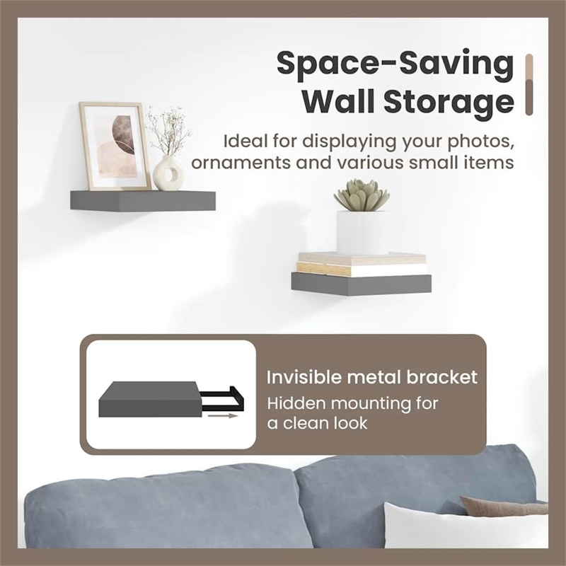 vidaXL MDF and Metal Wall Shelf in Gray Honeycomb (Set of 2)