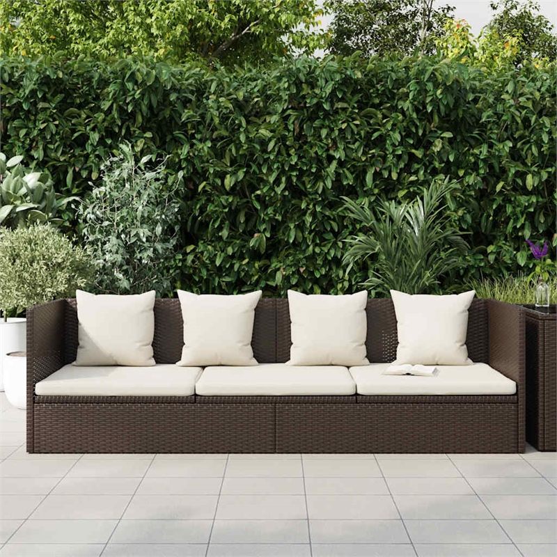 vidaXL Foldable Rattan Sun Lounger in Brown and Cream White Cushions