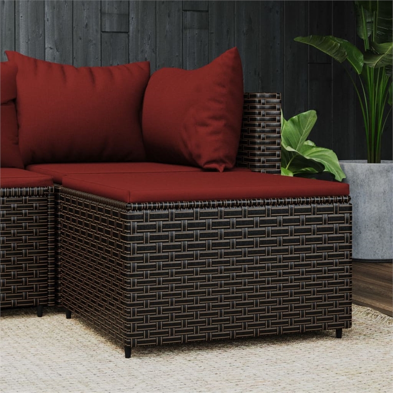 vidaXL PE Rattan Medium Patio Footrest in Brown with Cinnamon Red Cushion