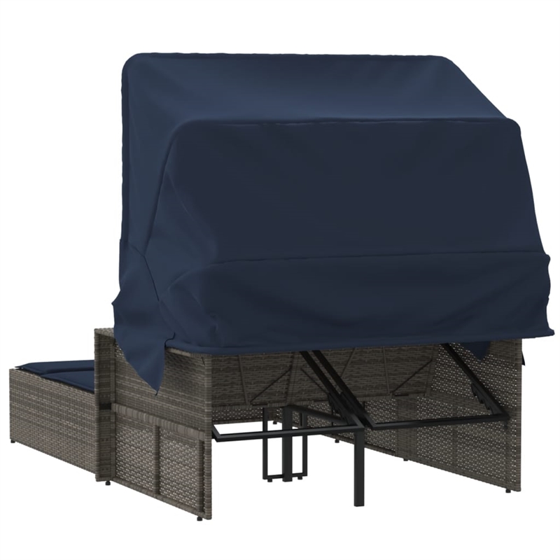 vidaXL PE Rattan Double Sun Lounger with Navy Blue Cushions in Gray