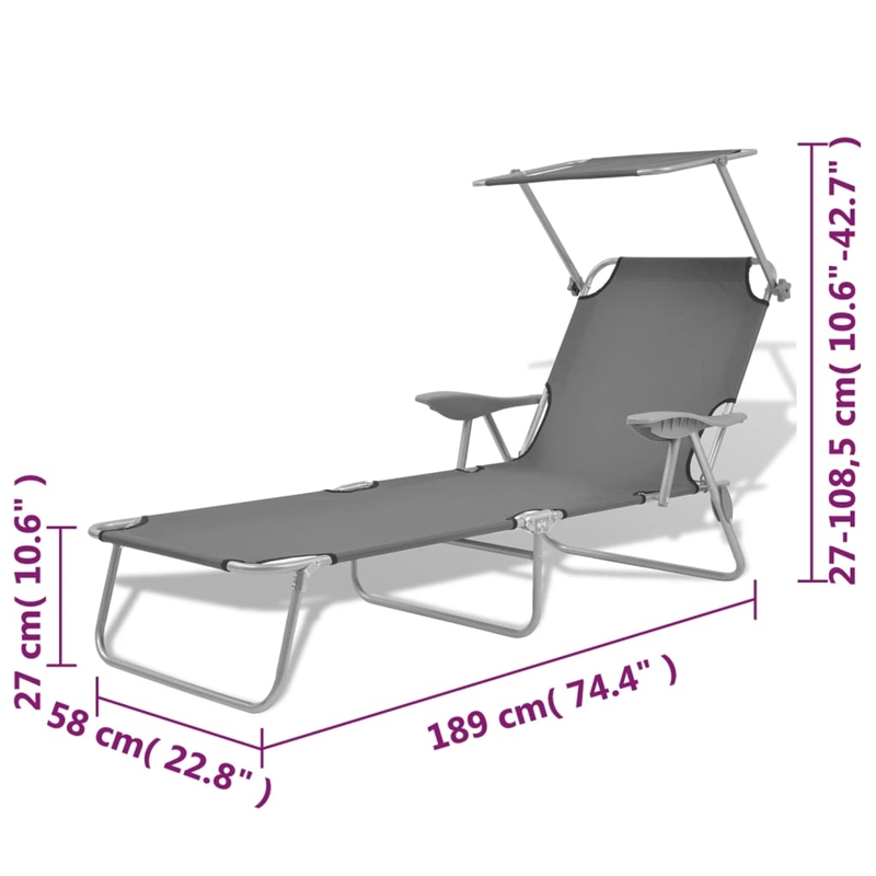 vidaXL Powder-Coated Steel Frame Sun Lounger w/ Polyester Fabric in Gray