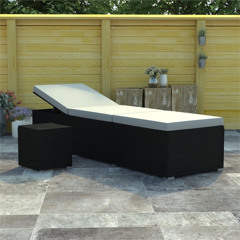 vidaXL Rattan Sun Lounger with Cushion in Black & Cream White