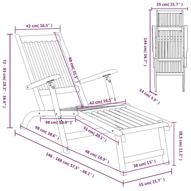 vidaXL Solid Acacia Wood Deck Chair w/ Adjustable Armrests in Brown