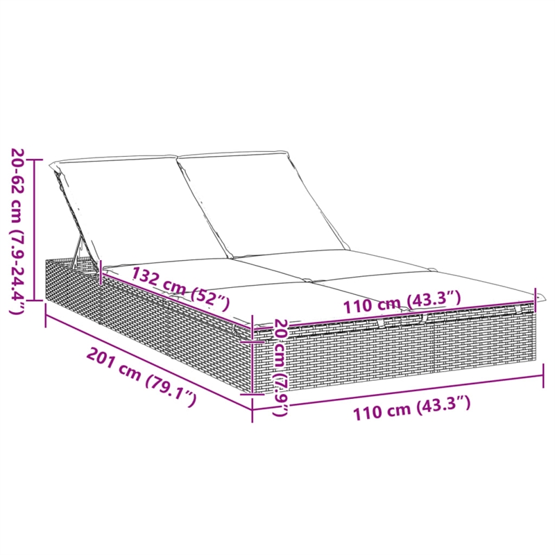 vidaXL PE Rattan Double Sunbed w/ Adjustable Armrests in Black