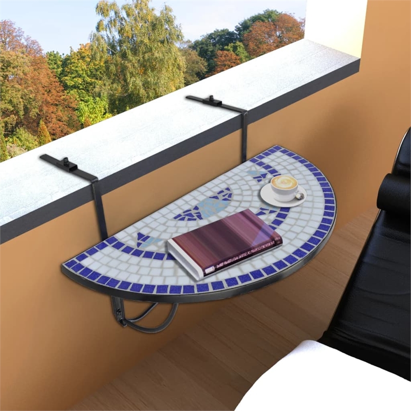 vidaXL Iron and Ceramic Medium Foldable Garden Table in Blue/White