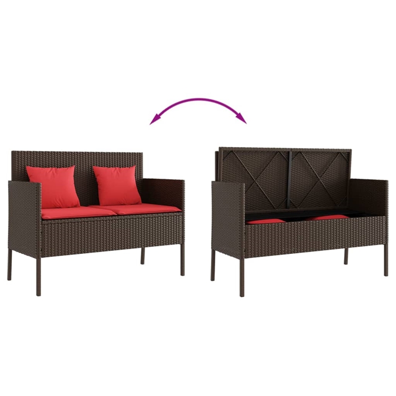 vidaXL Patio Bench with Cushions Brown Poly Rattan