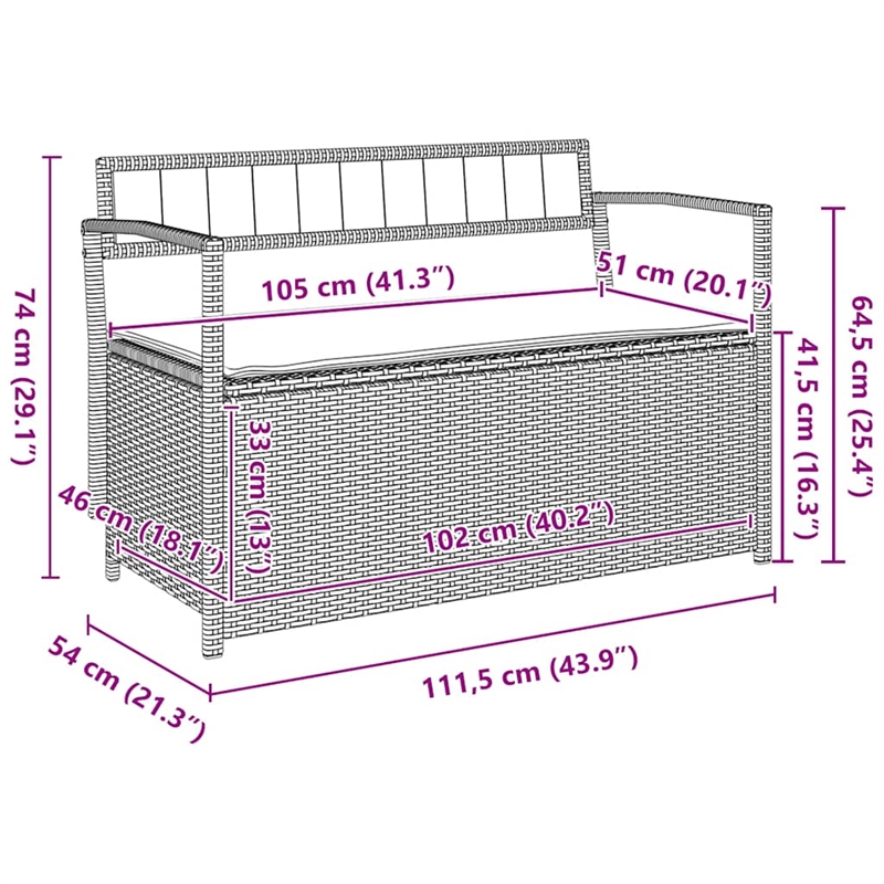 vidaXL Patio Storage Bench with Cushion Brown Poly Rattan