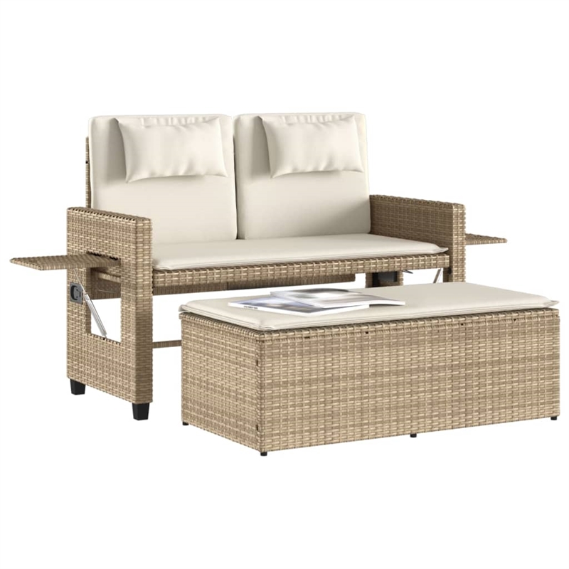 vidaXL Reclining Patio Bench with Cushions Beige Poly Rattan