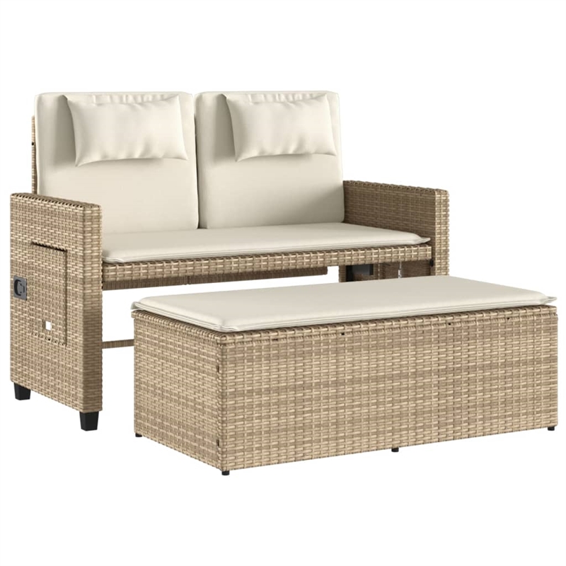 vidaXL Reclining Patio Bench with Cushions Beige Poly Rattan