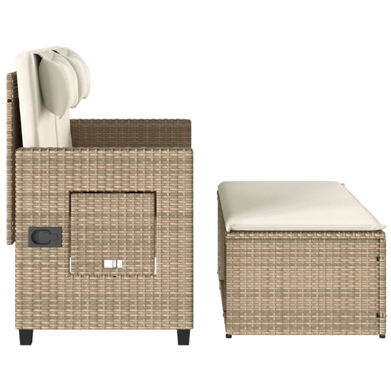 vidaXL Reclining Patio Bench with Cushions Beige Poly Rattan