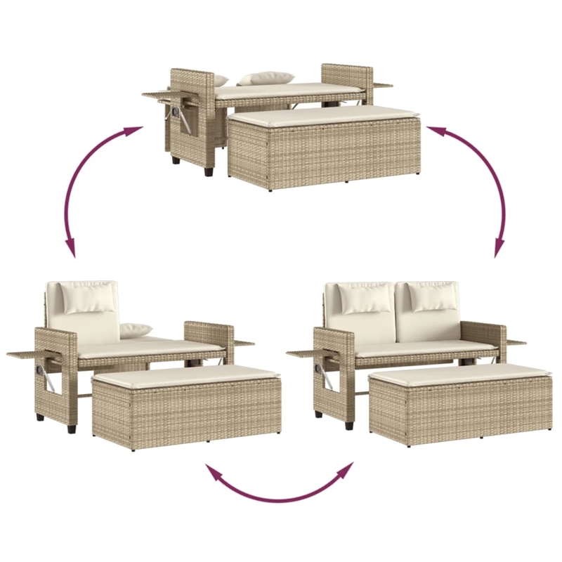 vidaXL Reclining Patio Bench with Cushions Beige Poly Rattan