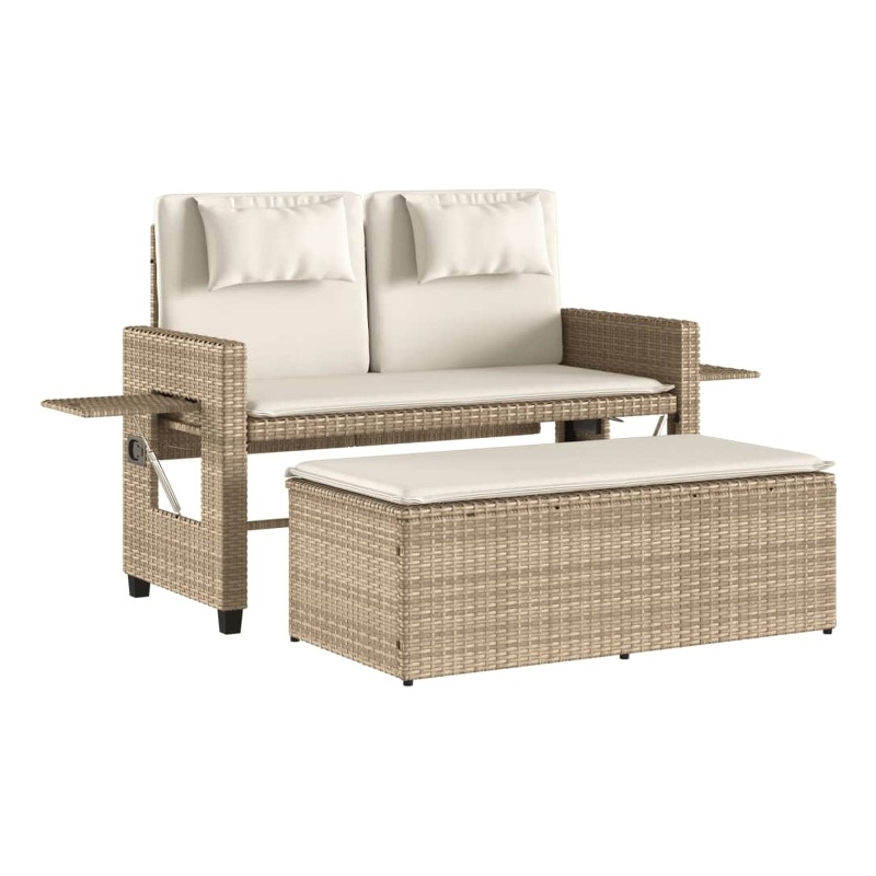 vidaXL Reclining Patio Bench with Cushions Beige Poly Rattan