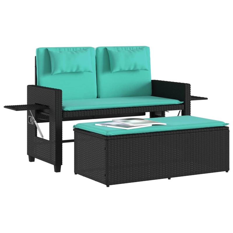 vidaXL Reclining Patio Bench with Cushions Black Poly Rattan