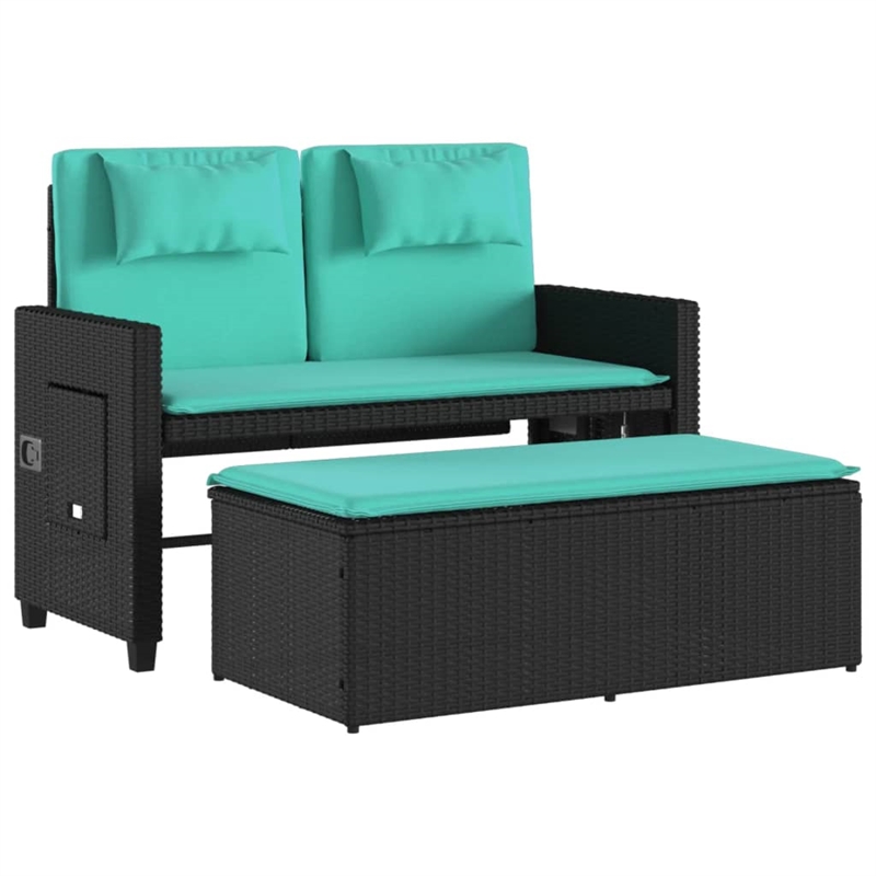 vidaXL Reclining Patio Bench with Cushions Black Poly Rattan