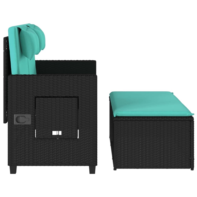 vidaXL Reclining Patio Bench with Cushions Black Poly Rattan