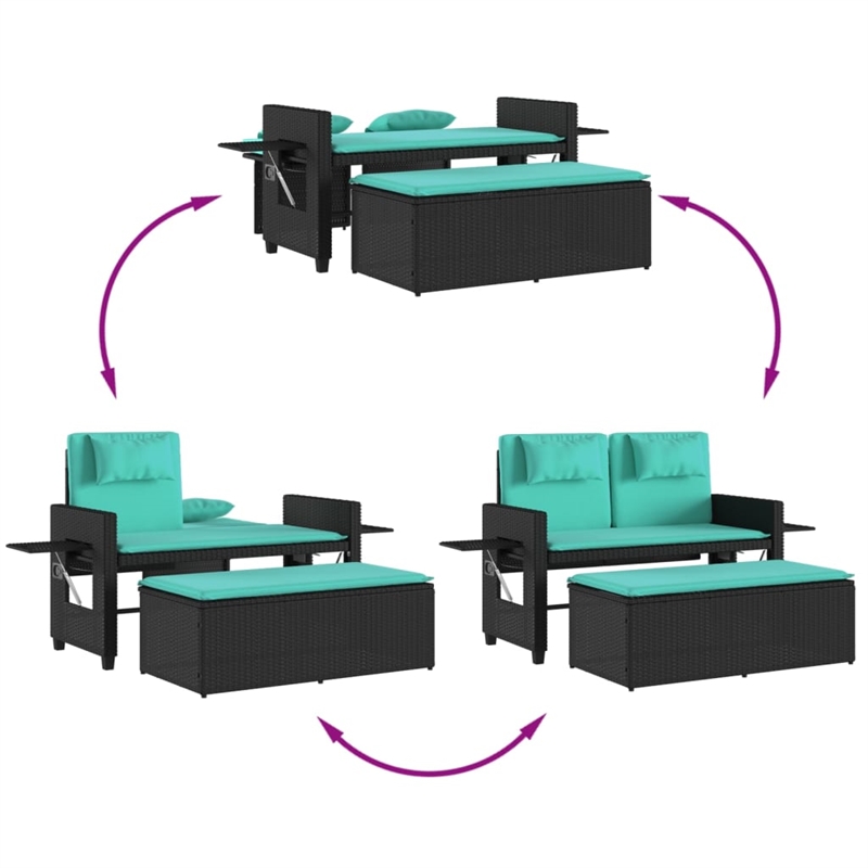vidaXL Reclining Patio Bench with Cushions Black Poly Rattan