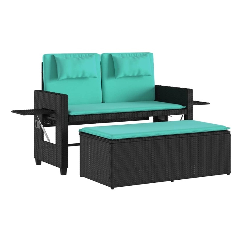 vidaXL Reclining Patio Bench with Cushions Black Poly Rattan