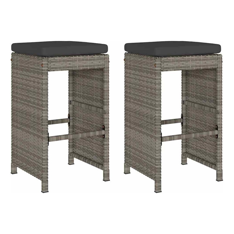 vidaXL Patio Bar Stools with Cushions 2 pcs Gray Poly Rattan