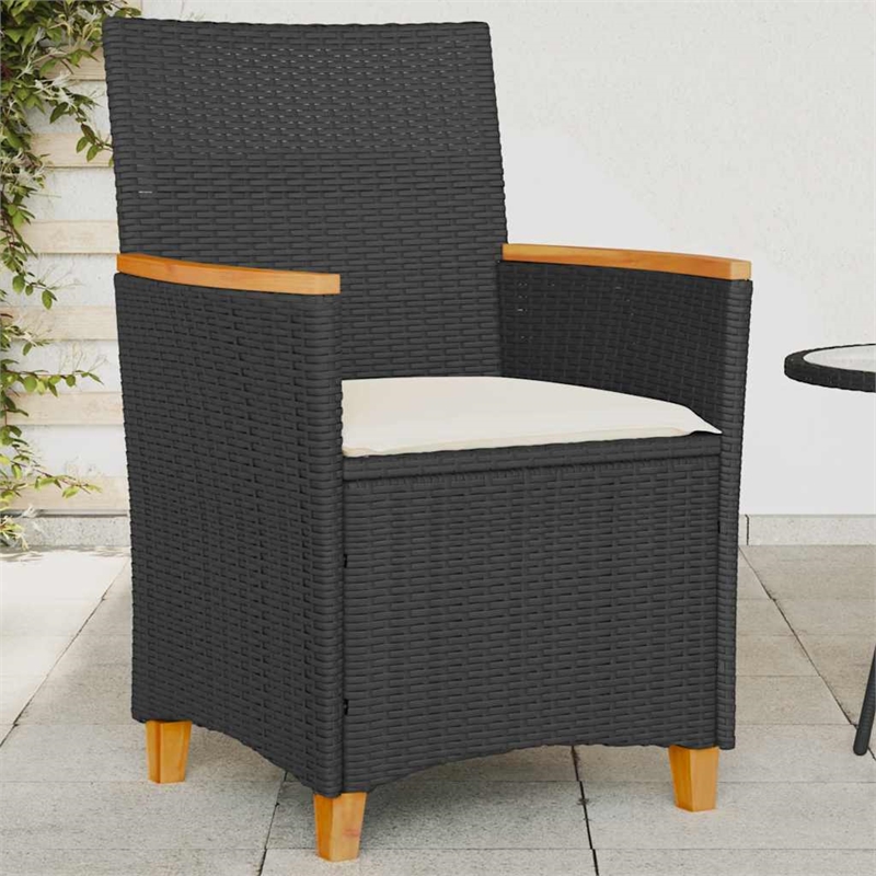 vidaXL Patio Chairs with Cushions 2 pcs Black Poly Rattan&Solid Wood