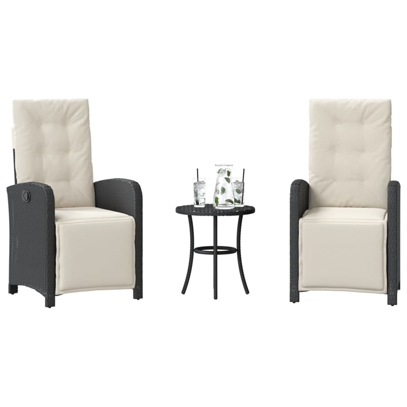 vidaXL 3 Piece Bistro Set with Cushions Black Poly Rattan