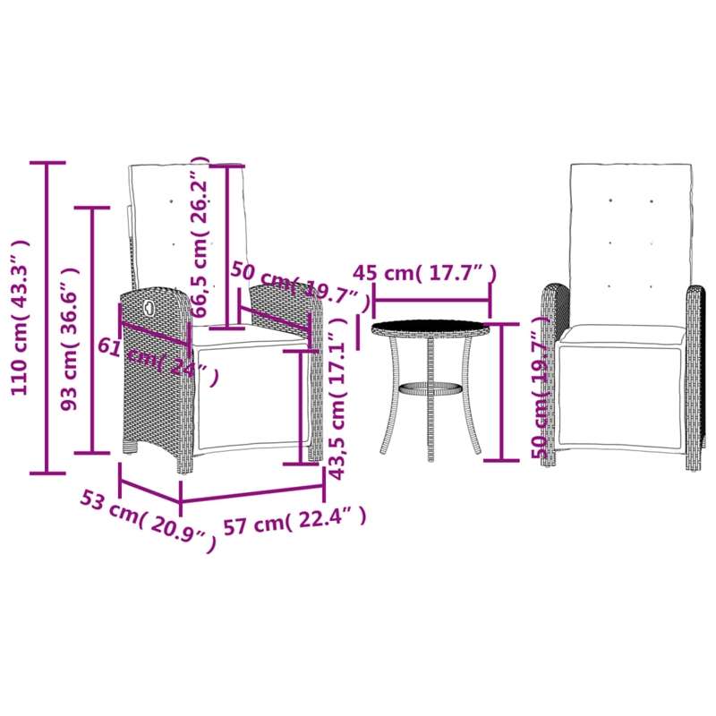 vidaXL 3 Piece Bistro Set with Cushions Black Poly Rattan