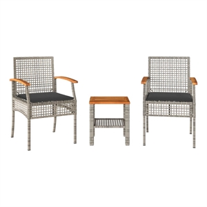 vidaXL 3 Piece Bistro Set with Cushions Gray Poly Rattan Acacia Wood