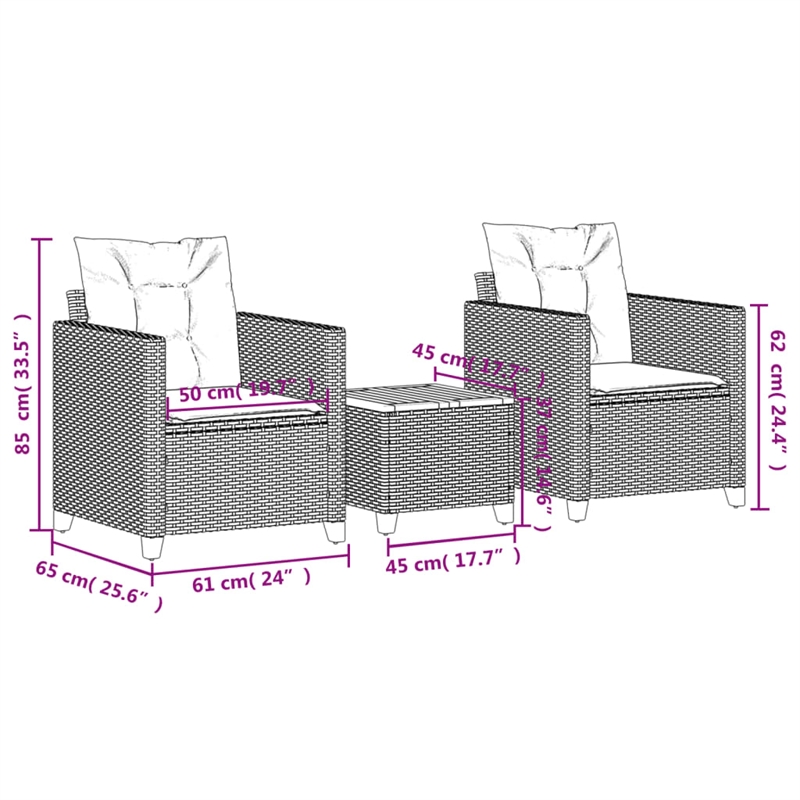 vidaXL 3 Piece Bistro Set with Cushions Gray Poly Rattan Acacia Wood