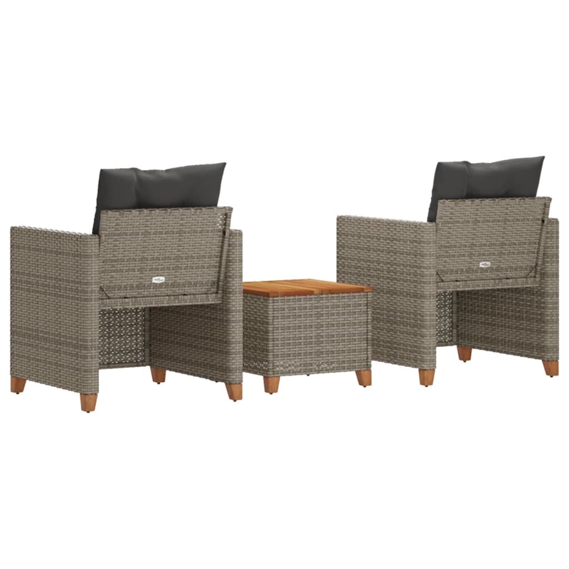 vidaXL 3 Piece Bistro Set with Cushions Gray Poly Rattan Acacia Wood