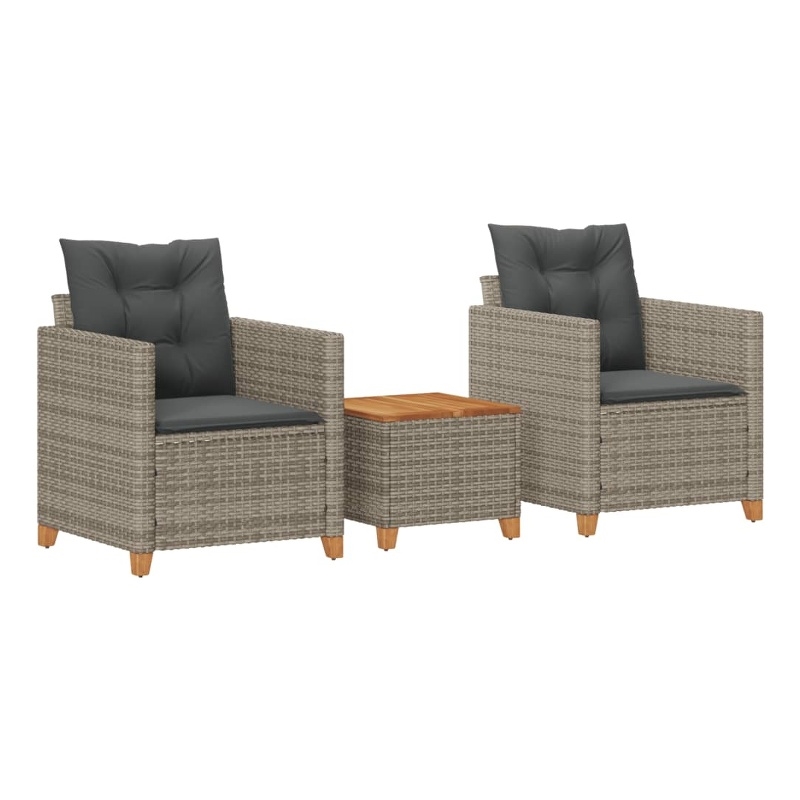 vidaXL 3 Piece Bistro Set with Cushions Gray Poly Rattan Acacia Wood