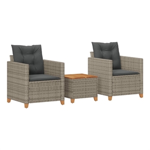 vidaXL 3 Piece Bistro Set with Cushions Gray Poly Rattan Acacia Wood