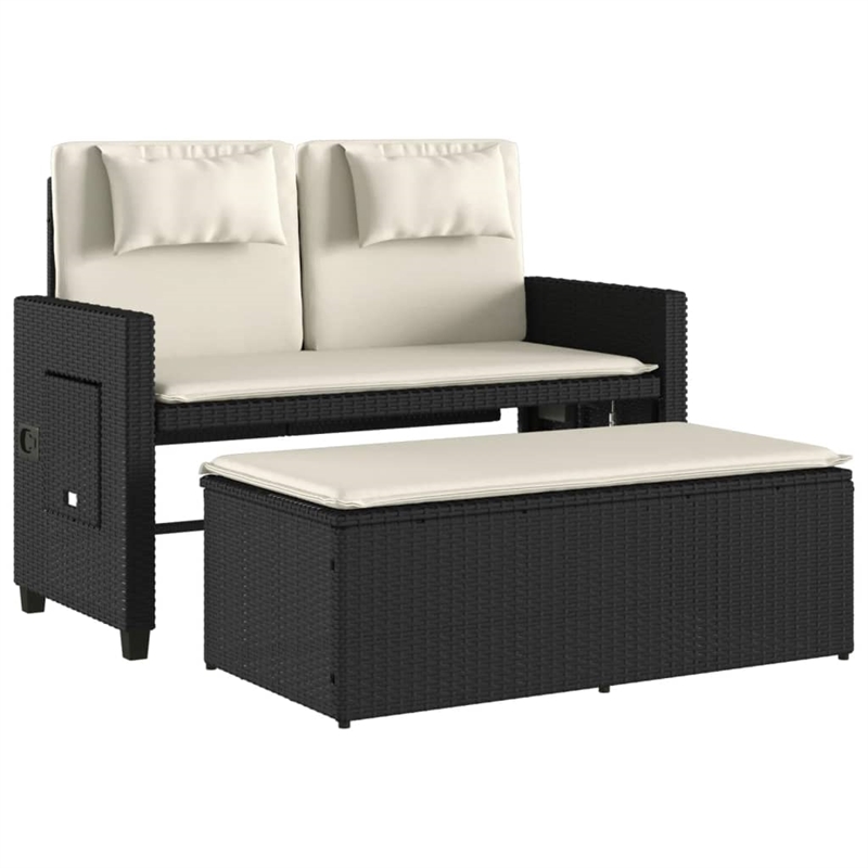 vidaXL Reclining Patio Bench with Cushions Black Poly Rattan