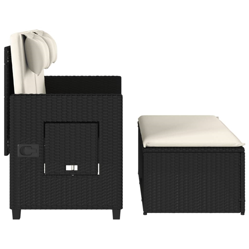 vidaXL Reclining Patio Bench with Cushions Black Poly Rattan