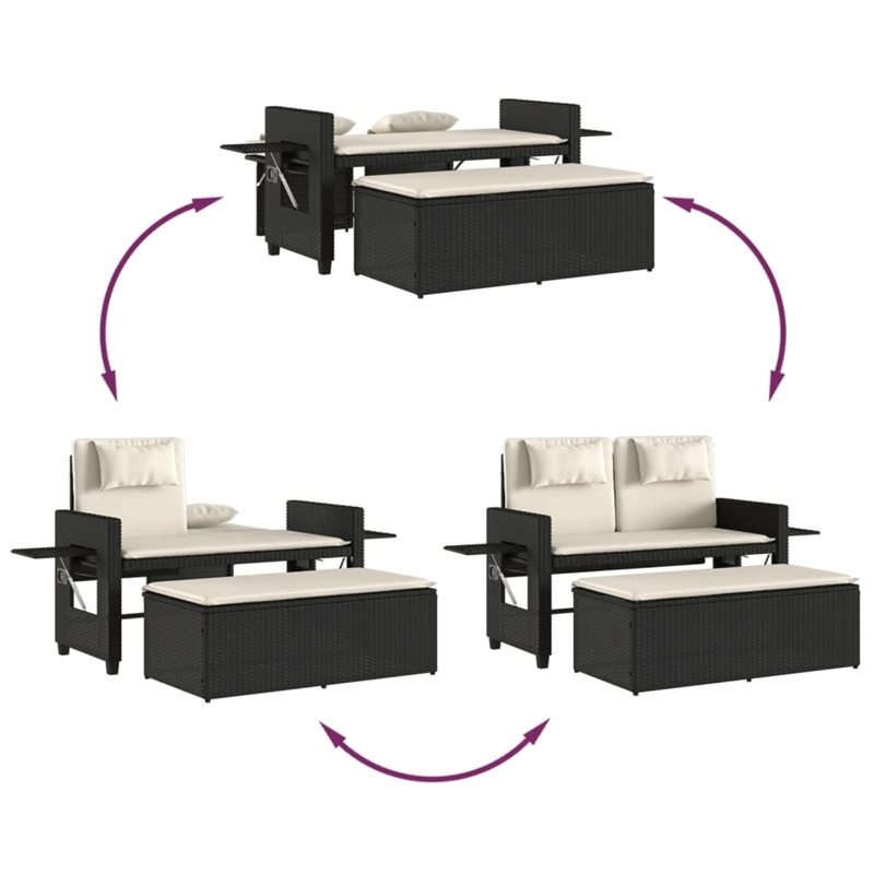 vidaXL Reclining Patio Bench with Cushions Black Poly Rattan