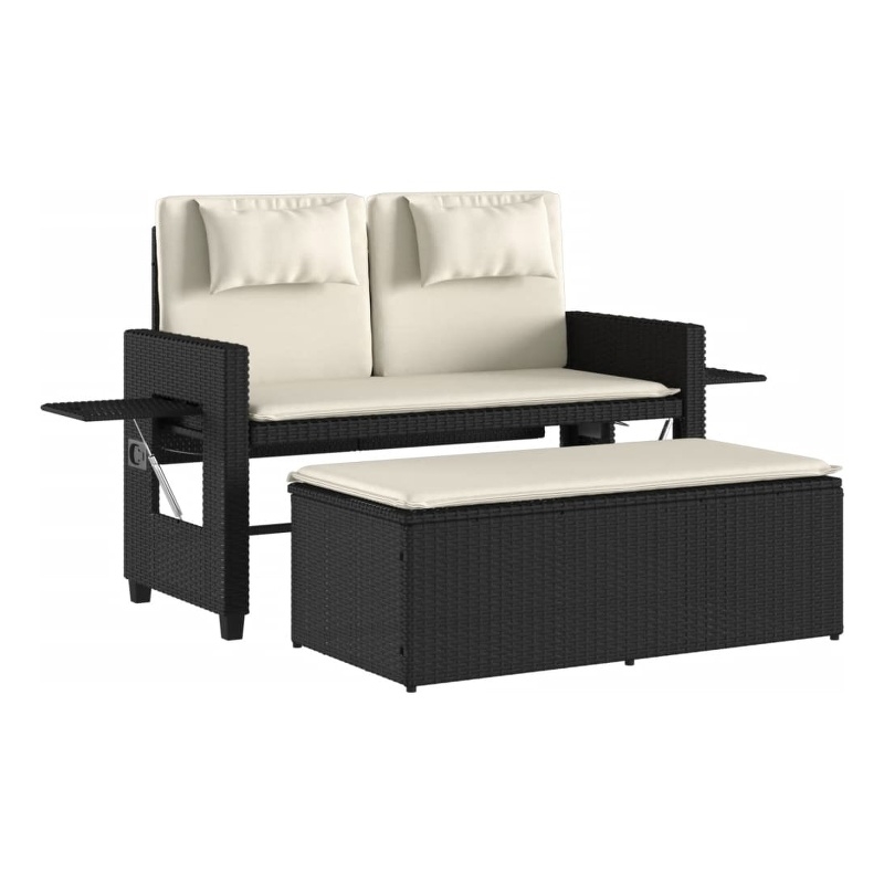 vidaXL Reclining Patio Bench with Cushions Black Poly Rattan
