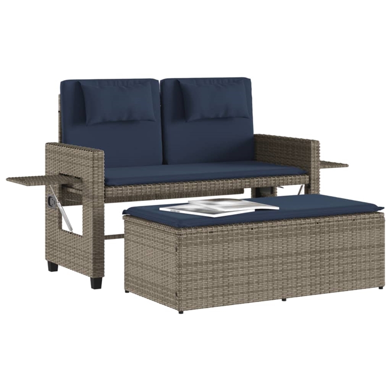 vidaXL Reclining Patio Bench with Cushions Gray Poly Rattan
