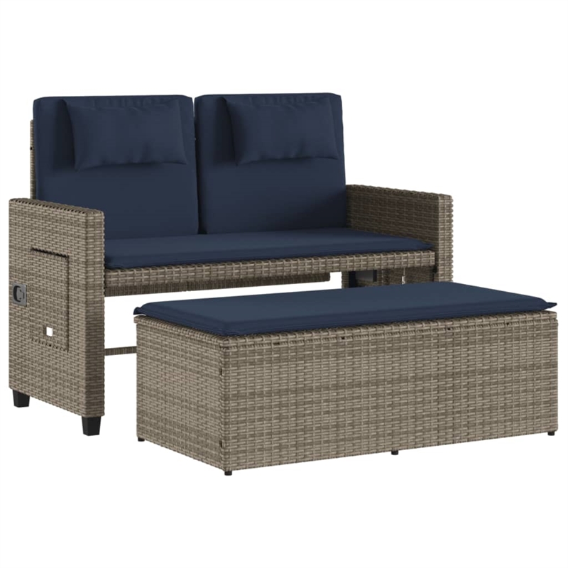 vidaXL Reclining Patio Bench with Cushions Gray Poly Rattan