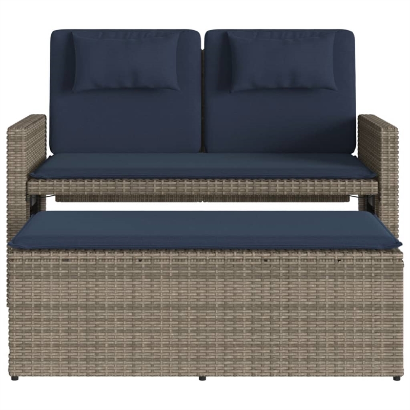 vidaXL Reclining Patio Bench with Cushions Gray Poly Rattan