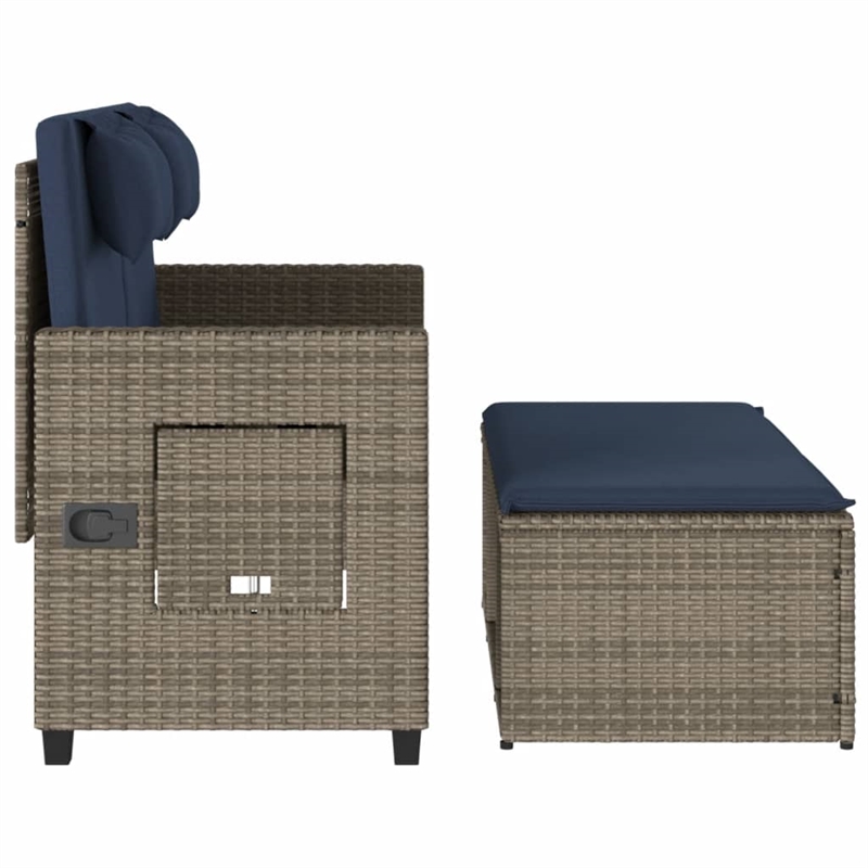 vidaXL Reclining Patio Bench with Cushions Gray Poly Rattan